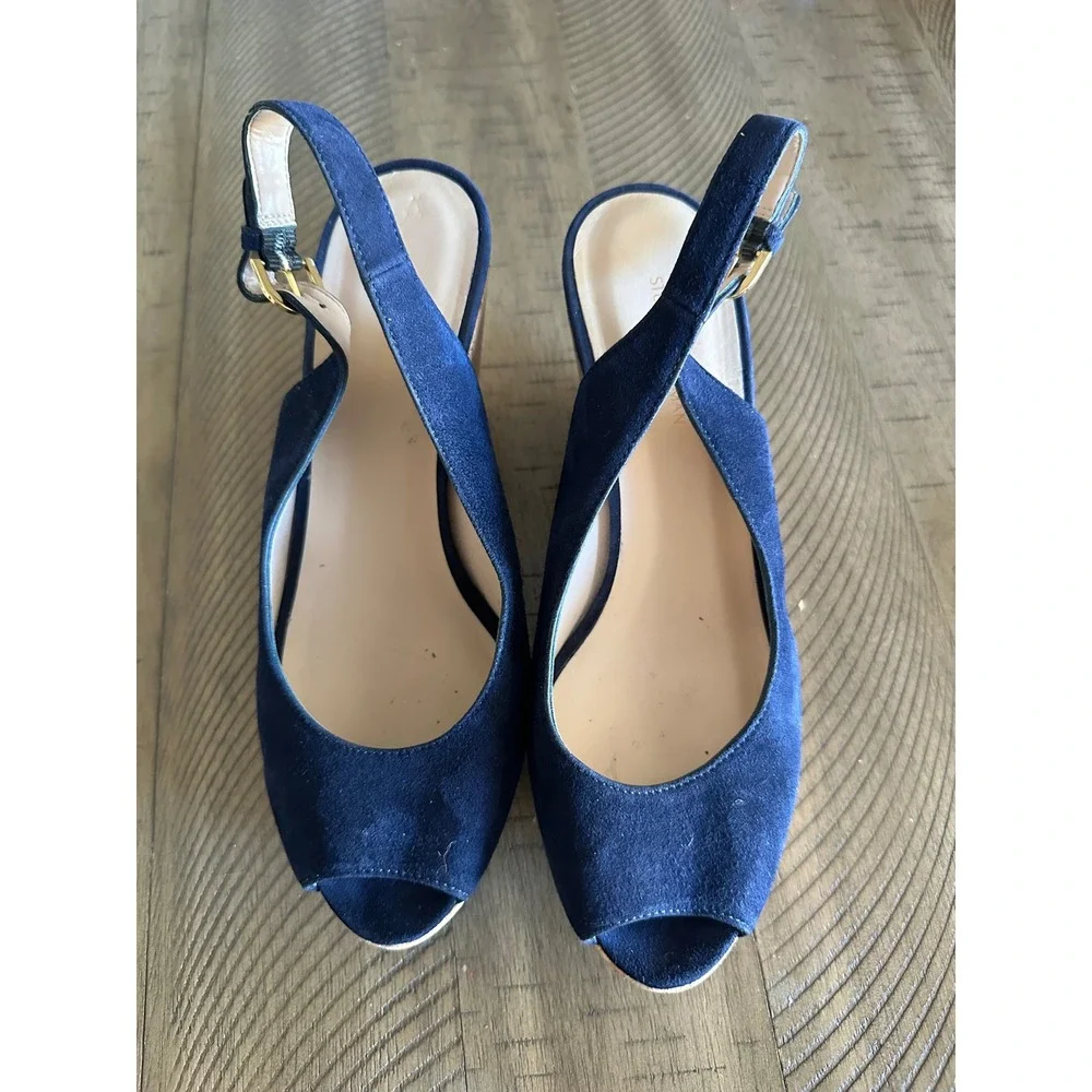 Stuart Weitzman Navy Suede Peep-Toe Cork Wedge Slingback Sandals - Size 9b - Picture 2 of 6